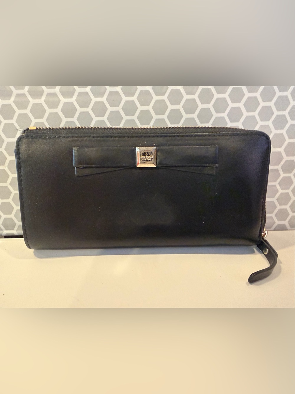 Kate Spade Black Bow Zip-Around Wallet with Gold Logo Plaque